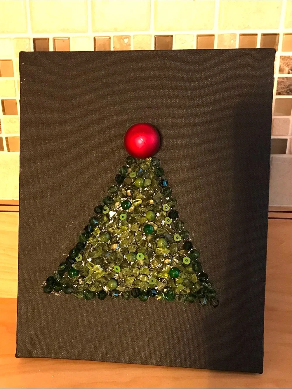 Hand crafted Green Beaded Holiday Tree Canvas with Red Ornament Accent